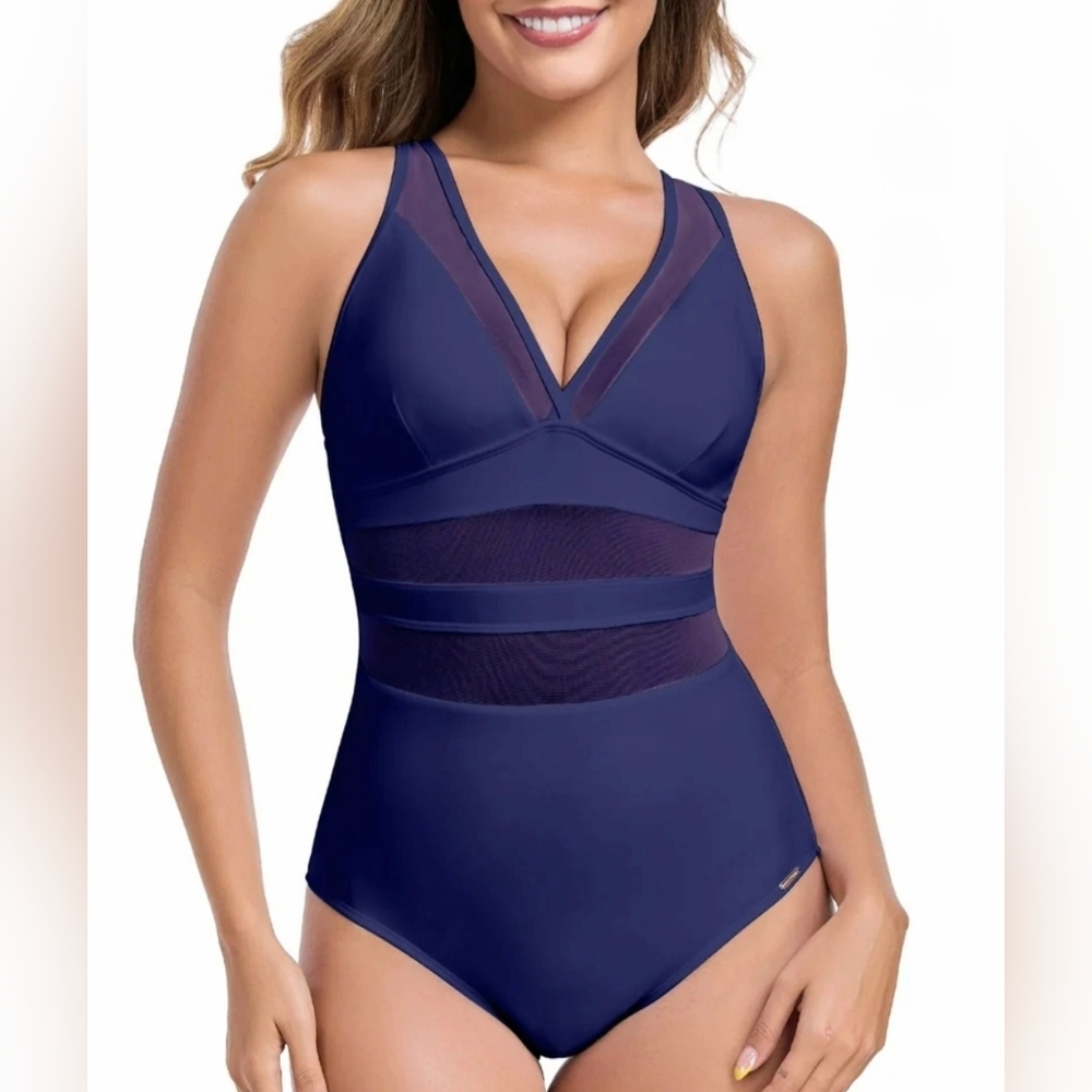 RELLECIGA Women's V Neck Mesh Splicing One Piece Swimsuit #1228